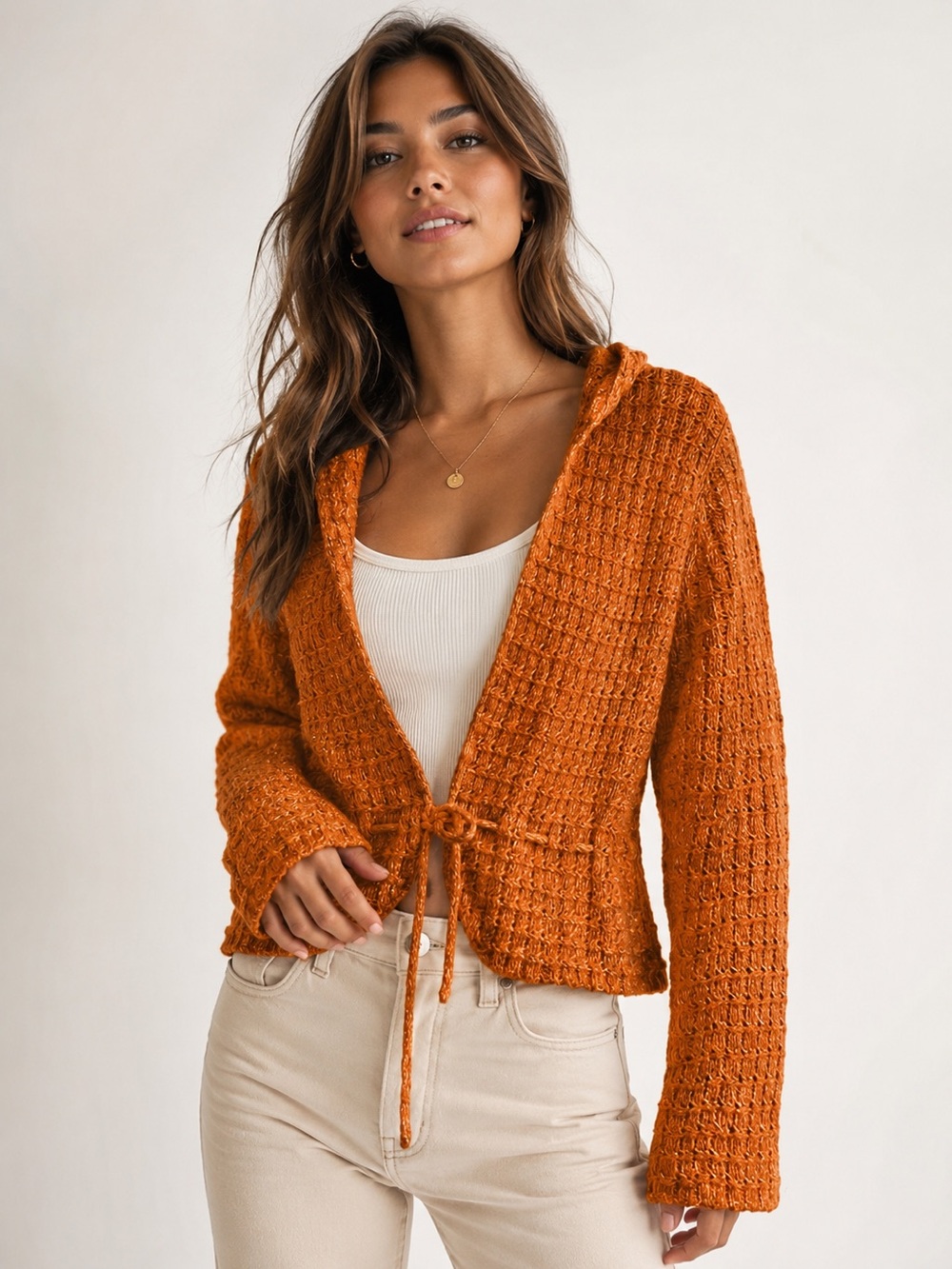 BCBGMaxAzria Orange‎ Wool Blebd Textured Tie-Front Cardigan Sweater Sz. XL